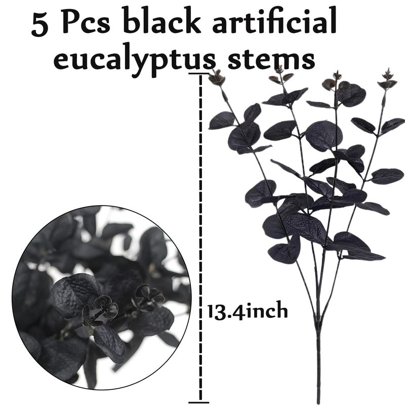 Tinsow 5 Pcs Black Artificial Eucalyptus Stems Faux Eucalyptuses Branches Black Leaf Halloween Centerpiece Halloween Home Decor (Black, 5) - Image 2